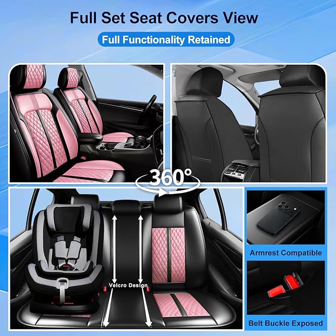 Fit HR-V Car Seat Covers for Honda HRV 2016-2025 2026 LX/EX/EXL/Sport - Full Coverage Leather, Airbag Compatible, Breathable Waterproof All Weather Seat Protector, Front Pair Black+Pink