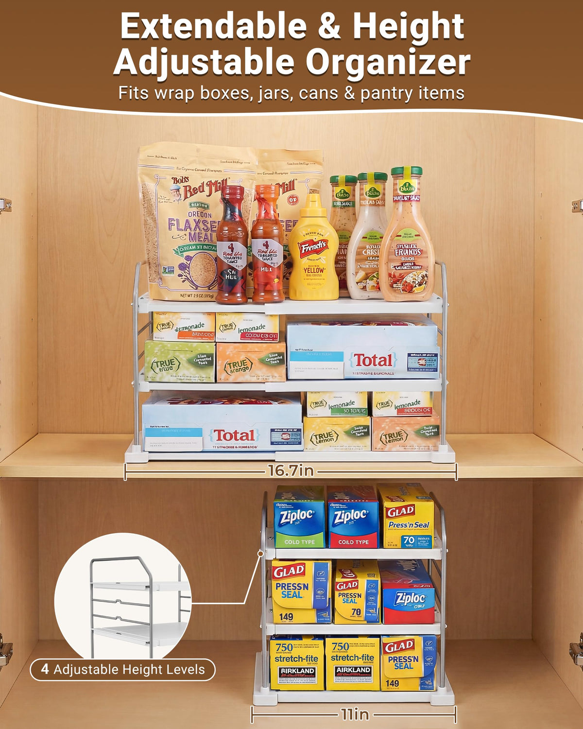 EVERIE Extendable 3-Tier Kitchen Cabinet & Pantry Organizer for Plastic Wrap, Foil & Storage Bags, Adjustable Heavy Duty Shelf Rack for Wrap Boxes, Jars & Snack Boxes (11–16.7 in Wide), Pack of 1