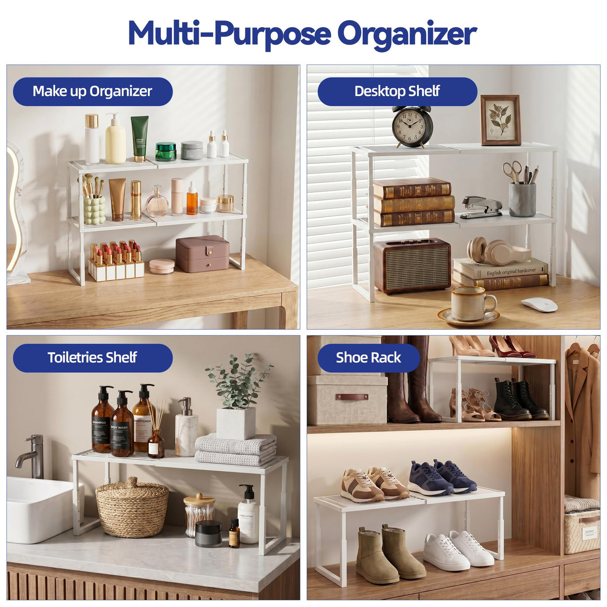 2 Packs Expandable Cabinet Shelf Organizer, Stackable Countertop Shelves
