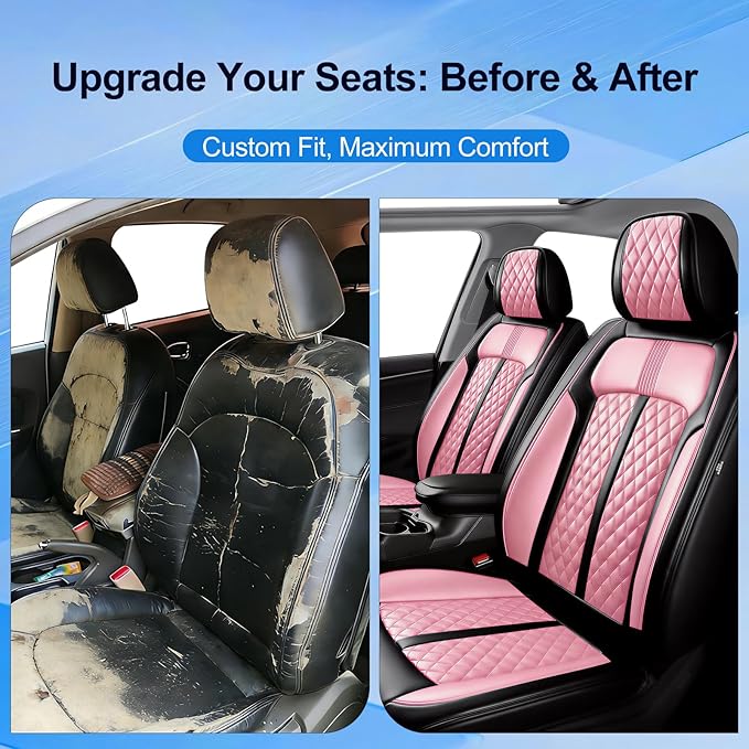 Fit HR-V Car Seat Covers for Honda HRV 2016-2025 2026 LX/EX/EXL/Sport - Full Coverage Leather, Airbag Compatible, Breathable Waterproof All Weather Seat Protector, Front Pair Black+Pink