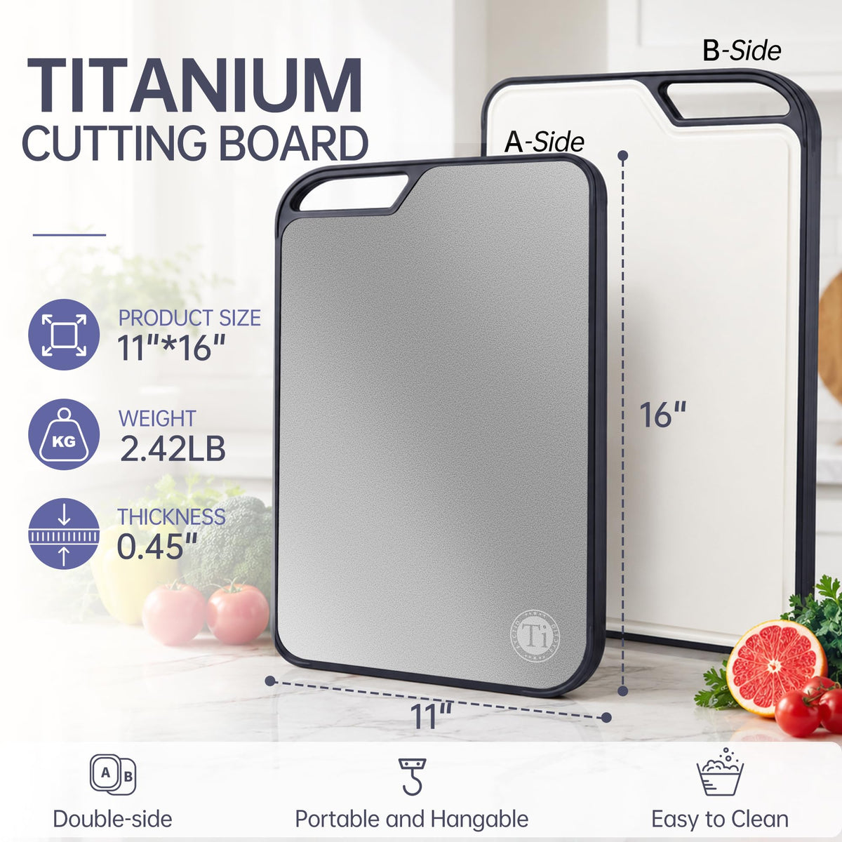 Fyctio Titanium Cutting Board for Kitchen, Double Sided, with Juice Groove