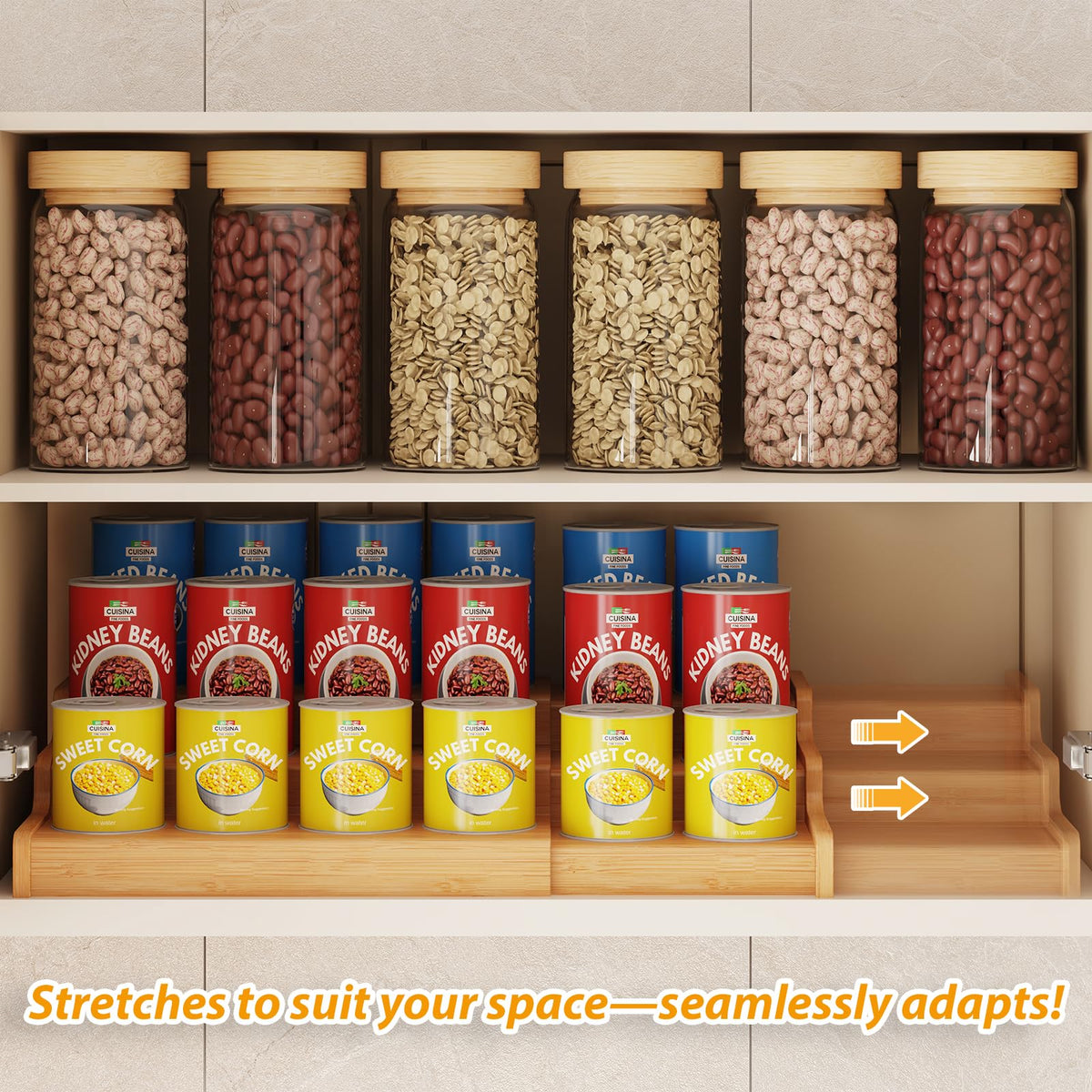 Expandable Bamboo Can Rack Organizer for Pantry, 3-Tier Adjustable Can Storage Holder, Soda Organizer Holds Up to 24 Cans, Canned goods Storage Display for Pantry, Cabinet, Countertop (patent pending)
