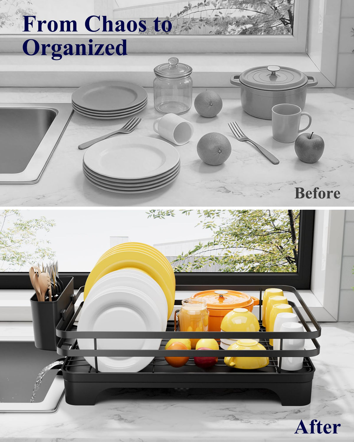 Kitsure Multi-Functional Dish Drying Rack, 15.7" x 12.0" x 5.5", Black