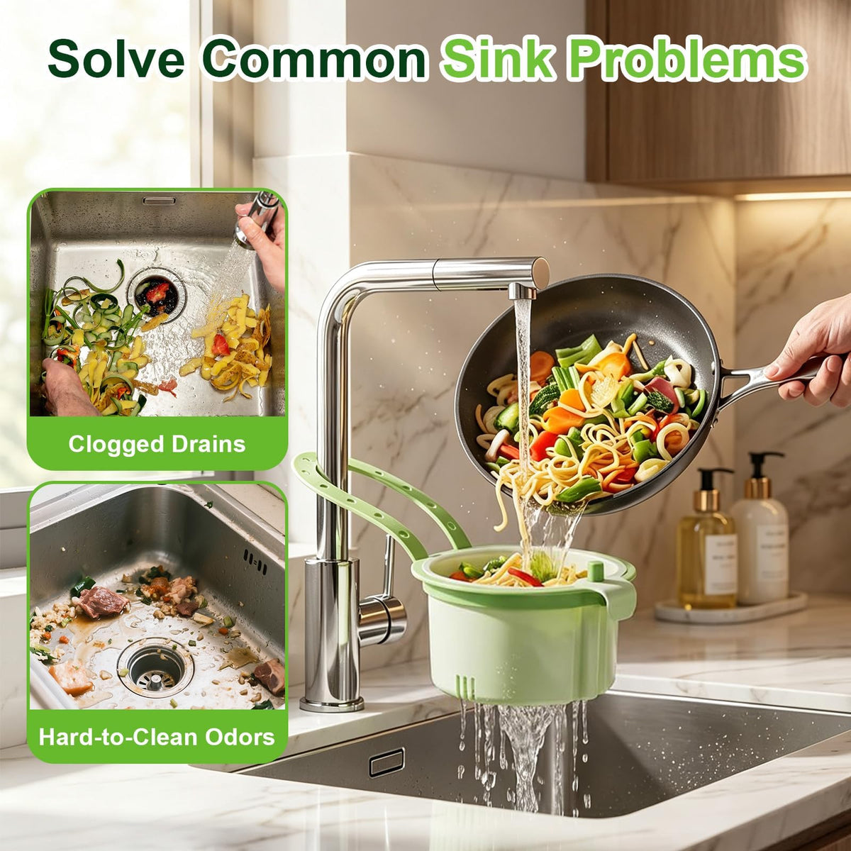 Hanging Sink Strainer Basket with Openable Bottom Cover, Kitchen Faucet Hanging Strainer, Press Automatic Dumping Basket (Green)