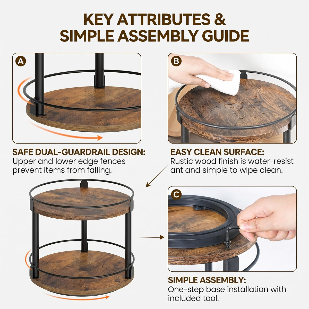 VHIEDN 2-Tier Rustic Wood Lazy Susan Turntable Organizer, Spice Rack