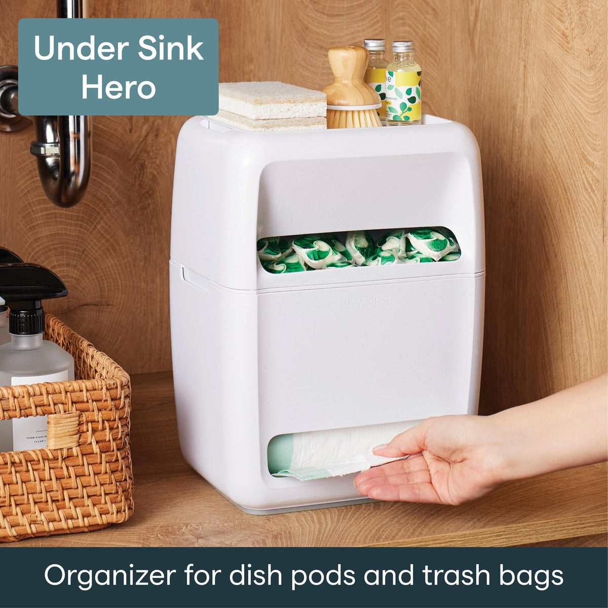 YouCopia SinkSuite Bag & Pod Dispenser, Standing Garbage Bag and Dishwasher Pod Organizer with Removable Lids for Storage, Speckled White