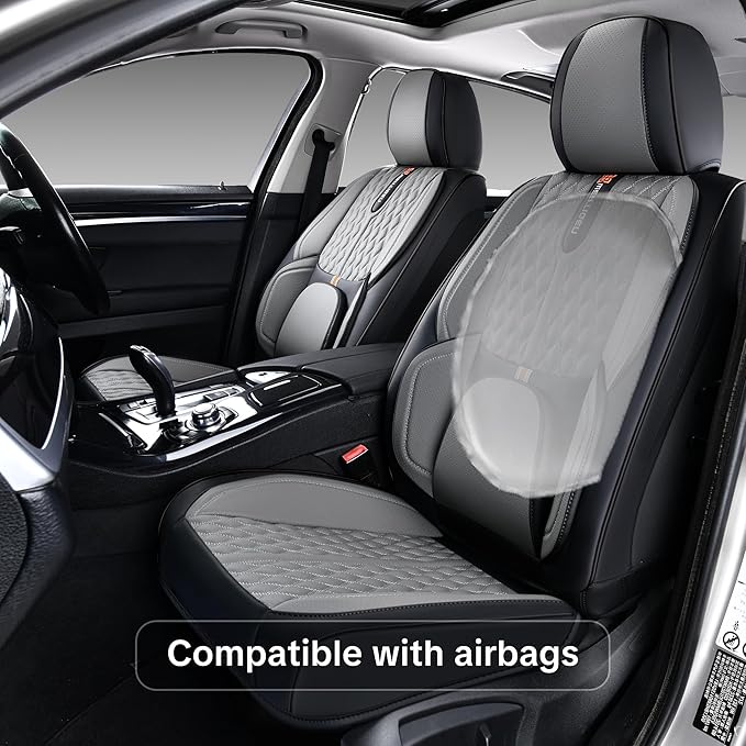 Car Seat Cover Full Set, Universal Car Seat Cover for Cars, Black and Gray, with Lumbar Support, Premium Artificial Leather, Waterproof and Easy to Clean, Airbag Compatible