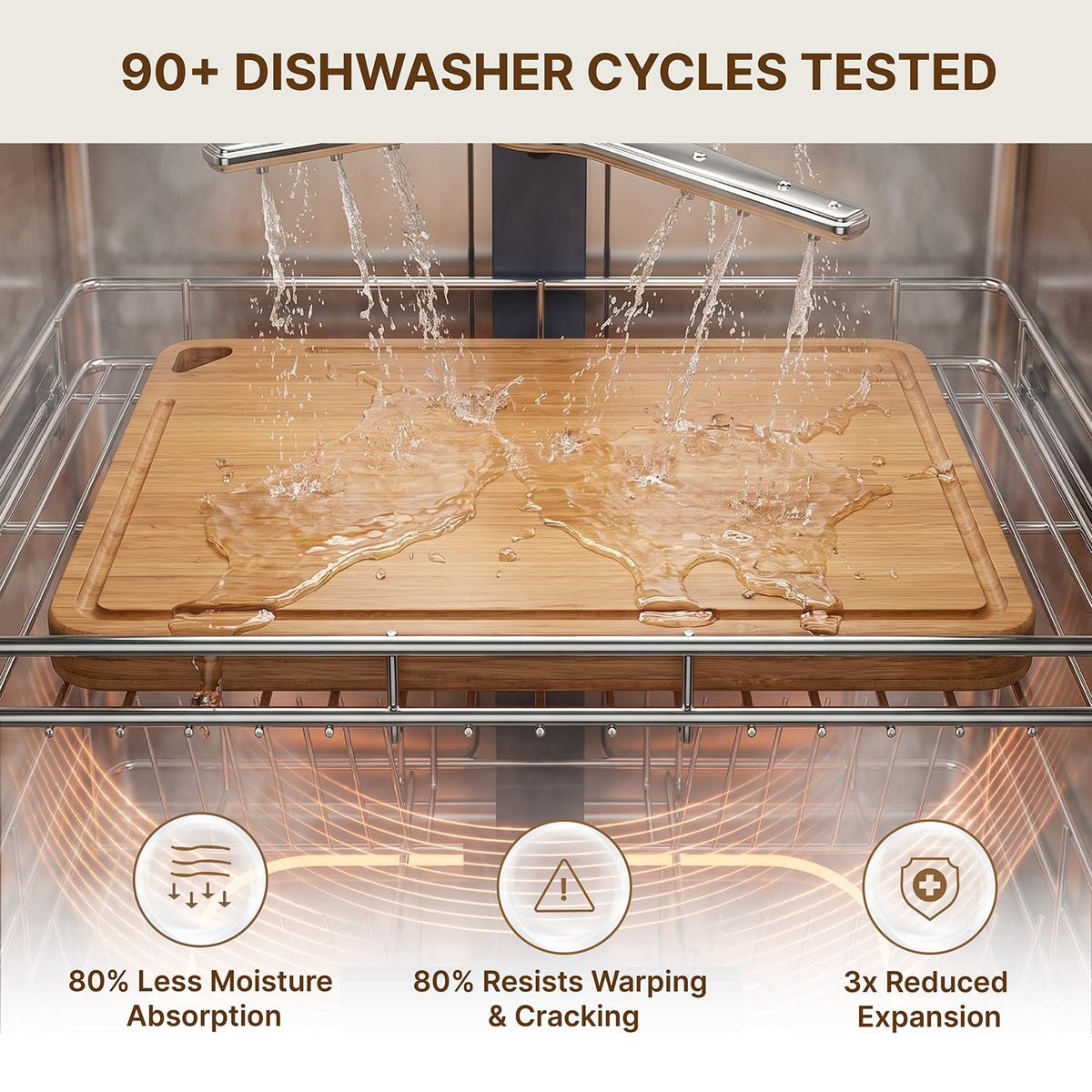 Dishwasher Safe Bamboo Cutting Board, Cell-Level Stabilized Wood for Anti-Crack & Resist Water Absorption, Deep Juice Groove, Built-in Handles, Dual-Sided, Ideal Kitchen Gift, Size 13 x 9 in