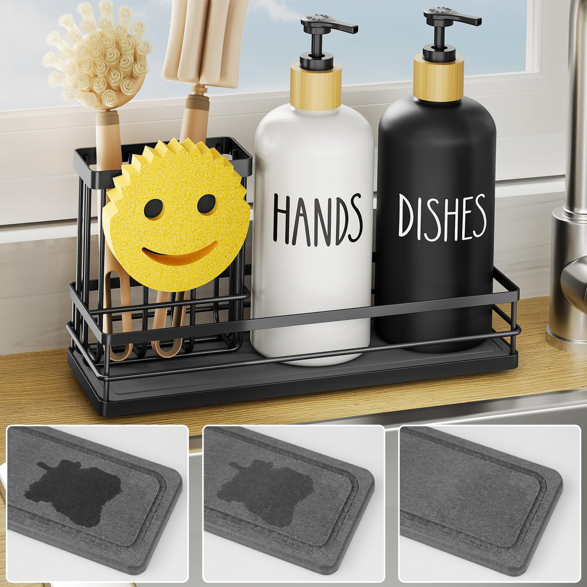 Moforoco Kitchen Dish Soap Dispenser Set, 16OZ Glass Bottle, Hand and Dish Soap Dispenser Set, Instant Dry Tray, Brush Holder with Smiley Face Sponge Holder (Black Tray+Black&White Bottle)