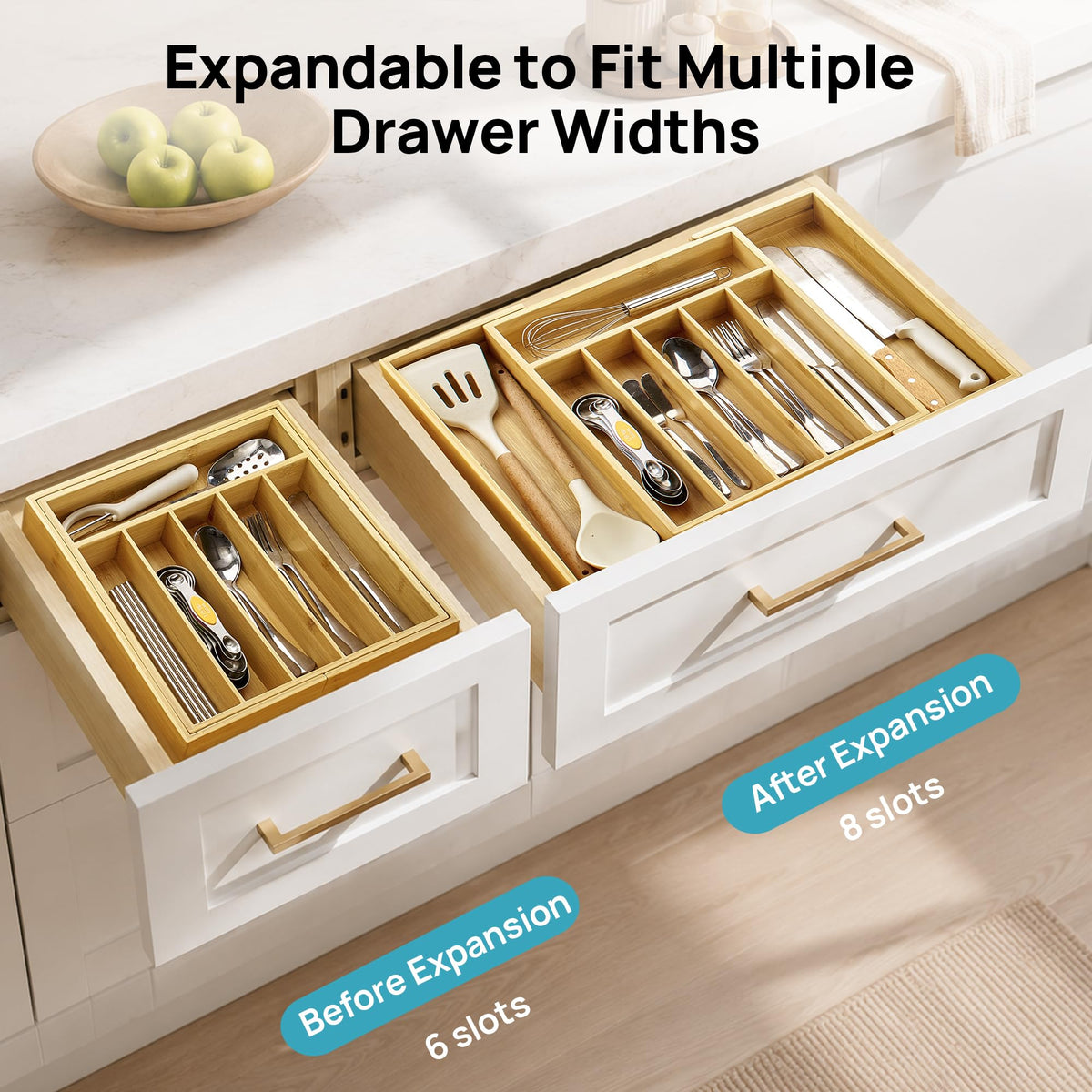 Vtopmart Expandable Bamboo Drawer Organizer for Kitchen, Adjustable Tray