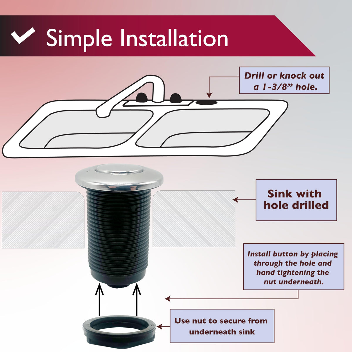 JB Products Disposal Air Switch Kit for Garbage Disposal Hands-Free On/Off Control UL Approved Includes 6' Air Tube 1-3/8" Air Button Safe & Convenient for Kitchen No Wiring Needed (Bronze)