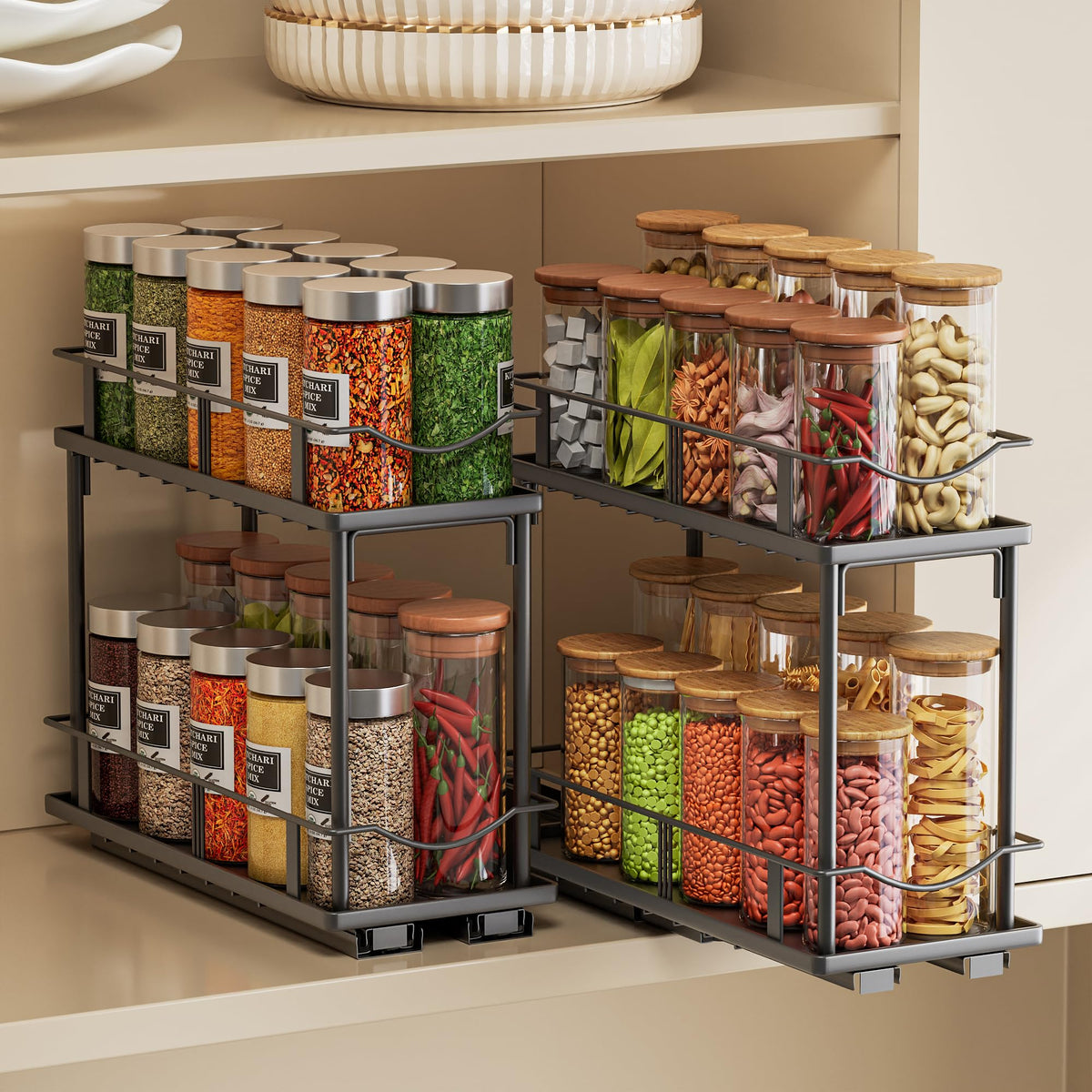 Bunoxea Pull Out Spice Rack 2 Pack,Slide Out Cabinet Spice Rack,Black
