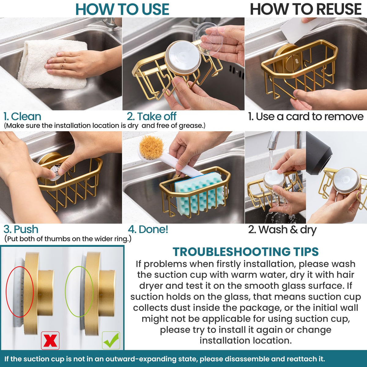 TAILI Sponge Holder for Kitchen Sink with Suction Cup-Gold, Aluminum