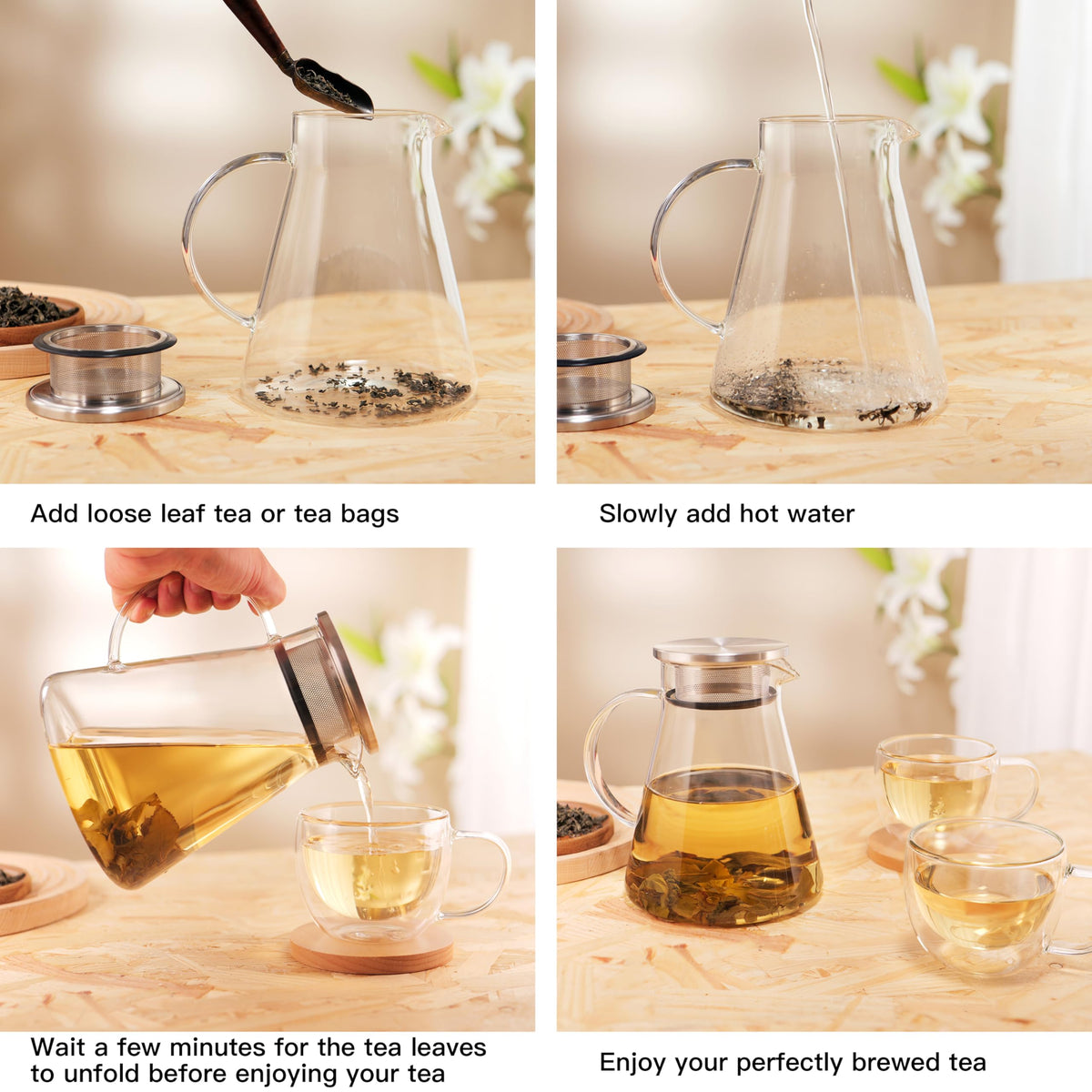 CNGLASS 40oz/1200ml Glass Teapot Stovetop Safe,One-Touch Clear Tea Kettle,Blooming and Loose Leaf Tea Maker