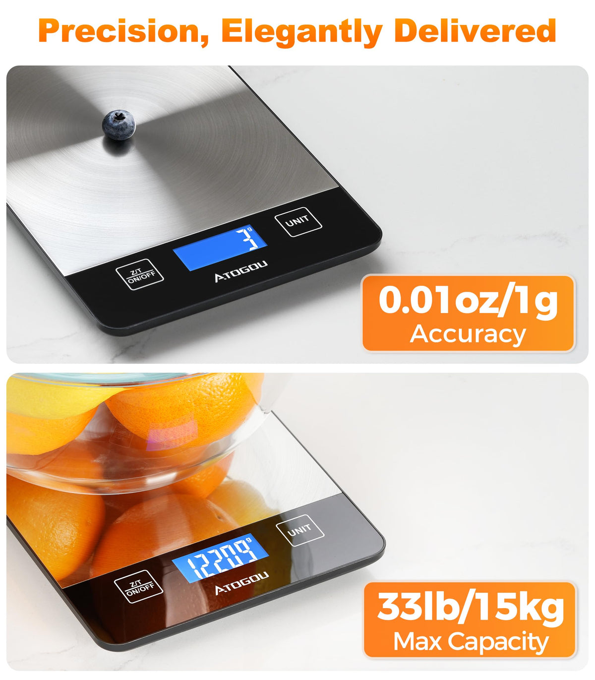 Atogou Food Scale Rechargeable - 33lb Digital Kitchen Scale Ounces Grams