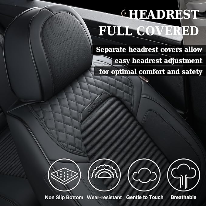 Coverado Car Seat Covers Full Set, Leather Seat Covers for Cars, Waterproof Front and Rear Automotive Seat Cover Car Accessories Universal Fit for Most Cars SUV Trucks(Black)