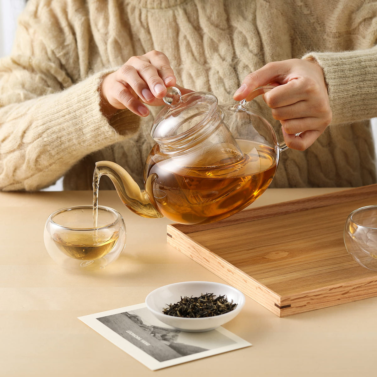 CnGlass 33.8oz Glass Teapot with Removable Infuser,Stovetop Safe Tea Kettle,Blooming & Loose Leaf Tea Pot