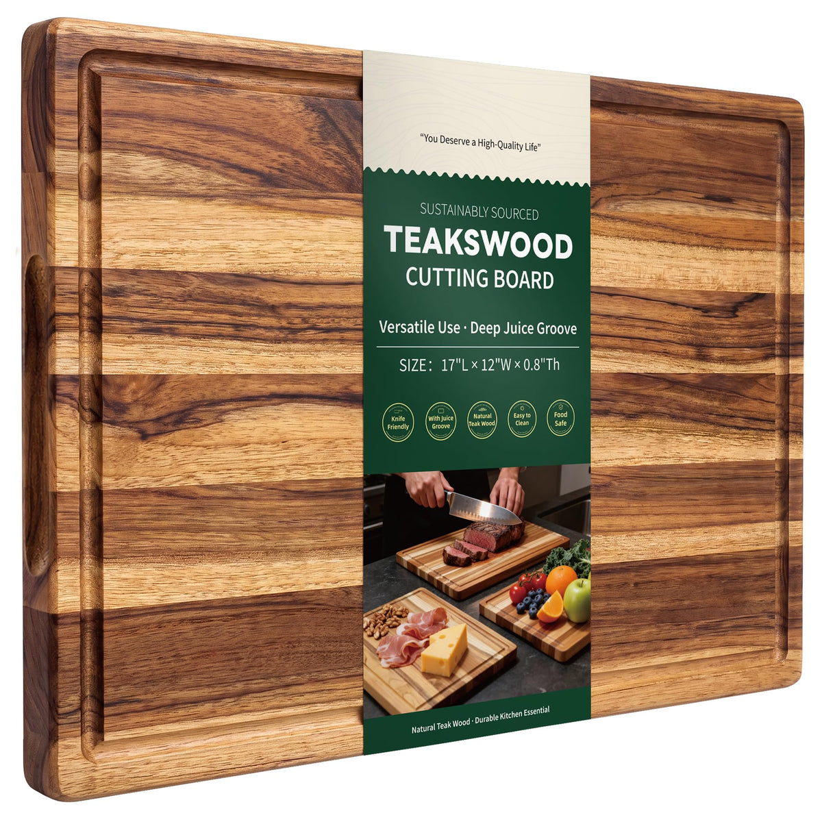 Large Teak Wooden Cutting Boards for Kitchen, Solid Wood Cutting Board Set - Charcuterie & Chopping Butcher Block for Meat - Kitchen Gadgets Gift