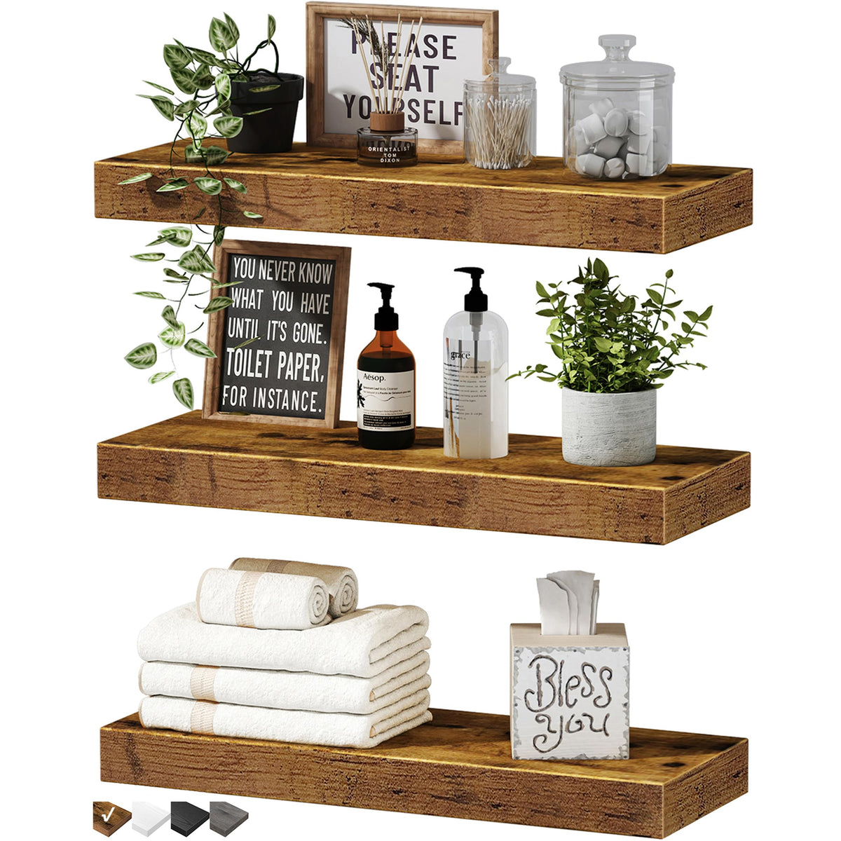 QEEIG Floating Shelves for Wall Small Shelf (Brown, Set of 3, 15.7" x 6.7")