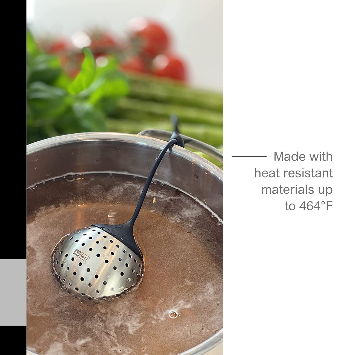 AdHoc Spice Bomb Spice Infuser - Kitchen Accessory for Large-Leaved Herbs & Tea - Stainless Steel Infuser Insert with Silicone Clasp & Arm - Essential Strainer for Easy Spice Infusion