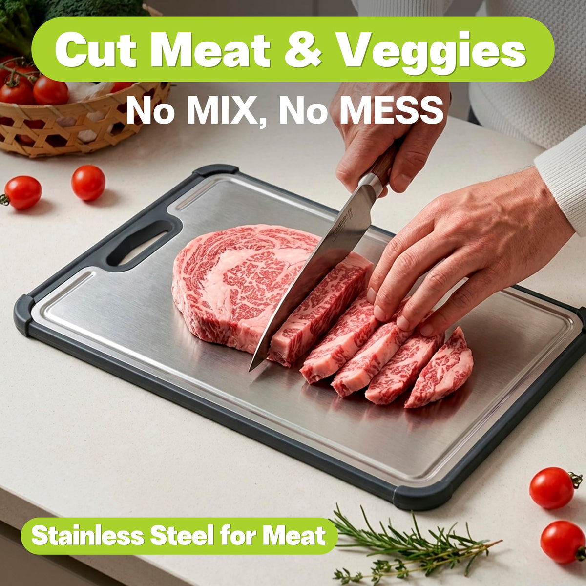 LAVESKA Stainless Steel Cutting Board, Non Toxic Chopping Board for Kitchen | Metal Cutting Board, Double Sided Stainless Steel/Wheat Straw PP Large for Meat, Dishwasher Safe