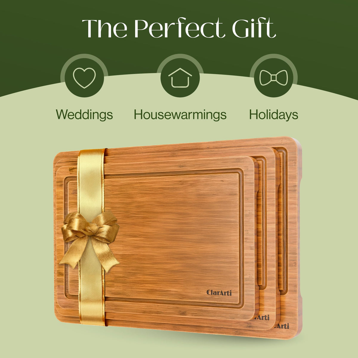 ClarArti - Bamboo Cutting Boards for Kitchen – Set of 3 Non-Slip Wood Cutting Boards with Juice Groove – Thick Organic Bamboo Chopping Board Set for Meat, Vegetables & Meal Prep