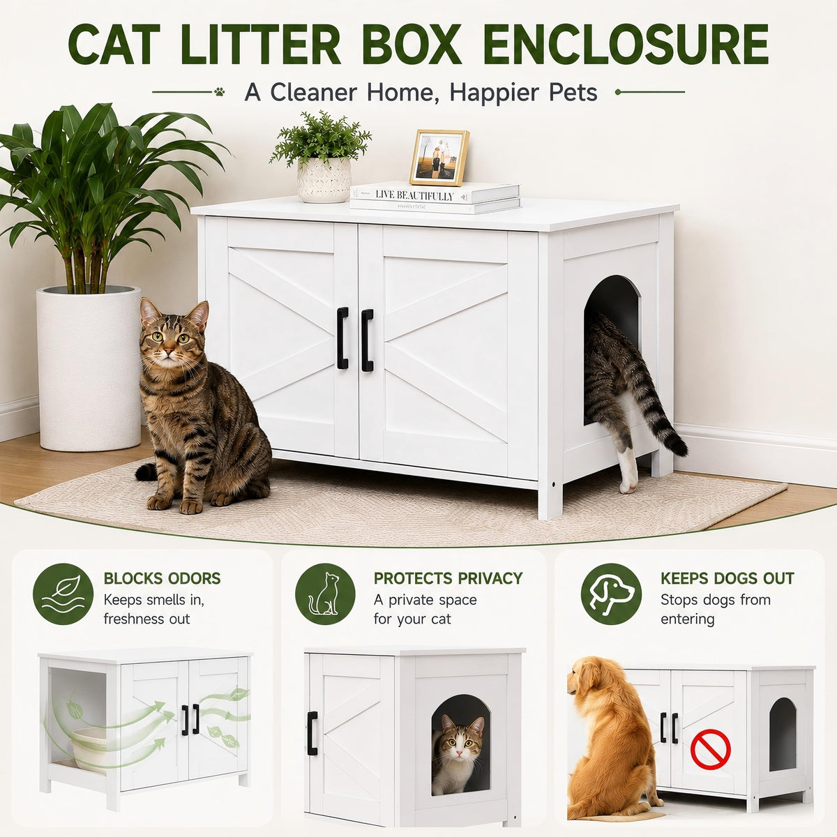 Homhedy 31.5" L Cat Litter Box Enclosure with Barn Door, White