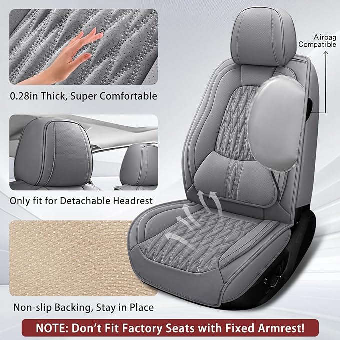 WELLDO Car Seat Covers Full Set, Leather Seat Covers for Car, Waterproof Car Seat Protector with Lumbar Support, Automotive Seat Covers Universal Fit for Most Cars SUV Truck, Gray,w02.