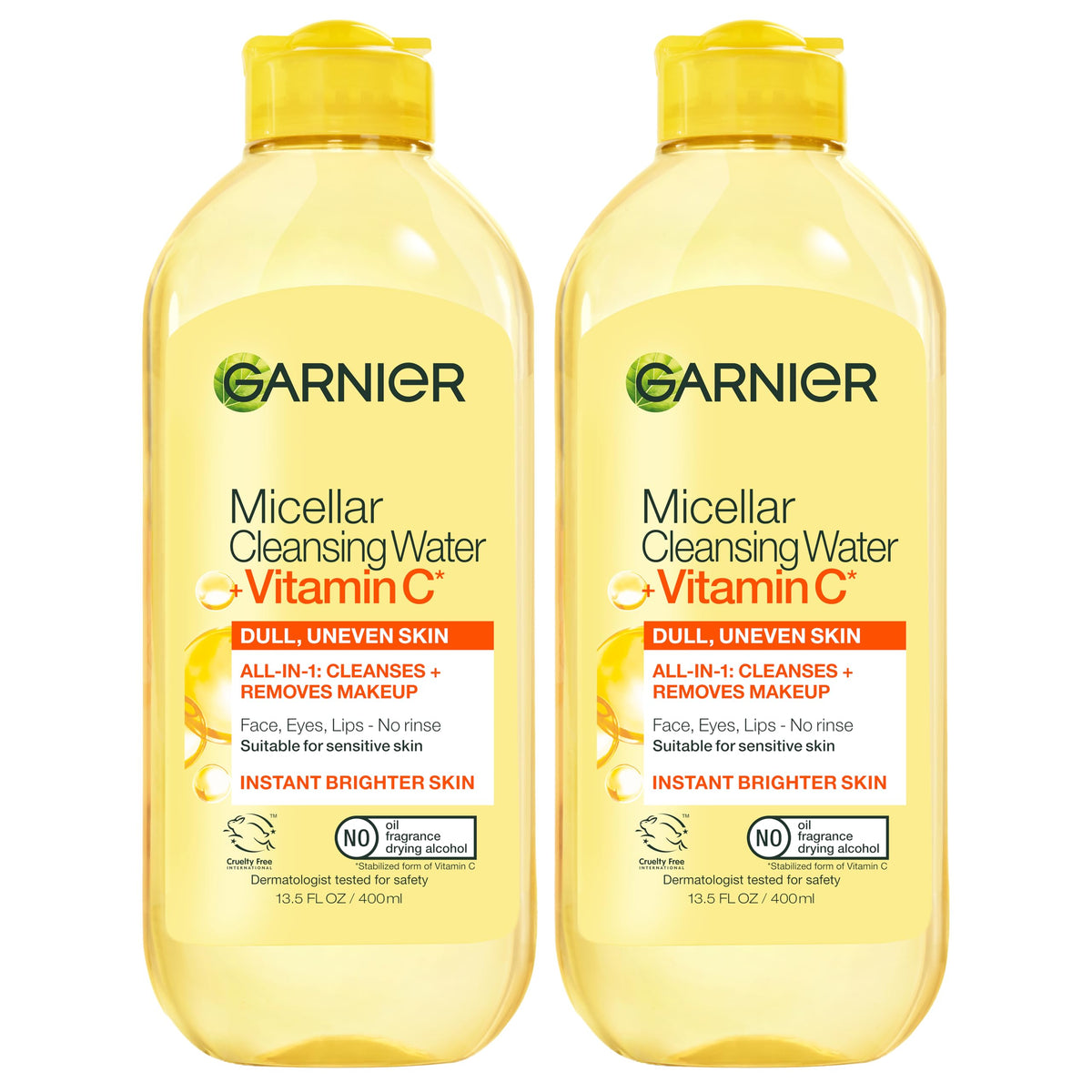 Garnier Micellar Water with Vitamin C, Facial Cleanser & Makeup Remover, Brightening & Hydrating, For All Skin Types, Vegan, Cruelty Free, 13.5 Fl Oz (400mL), 2 Count