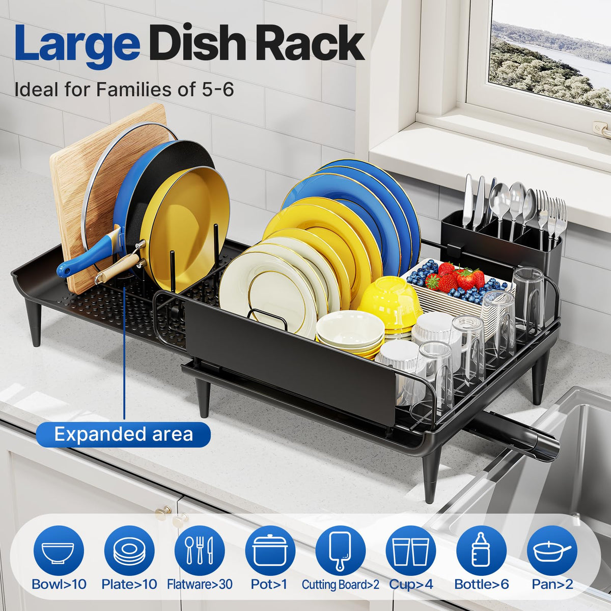 Urackify Expandable Dish Drying Rack for Kitchen Counter with Drainboard