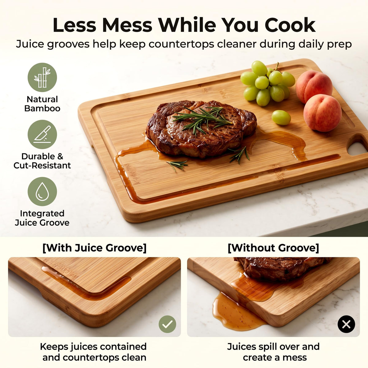 3-Piece Bamboo Cutting Board Set with Holder, Juice Groove for Kitchen Prep