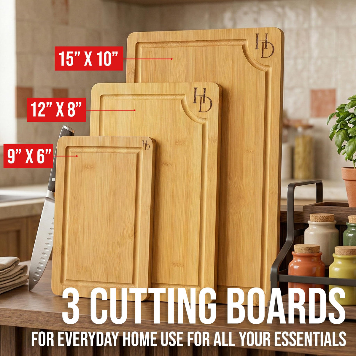 3 Piece Bamboo Cutting Board Set, Cutting Boards For Kitchen