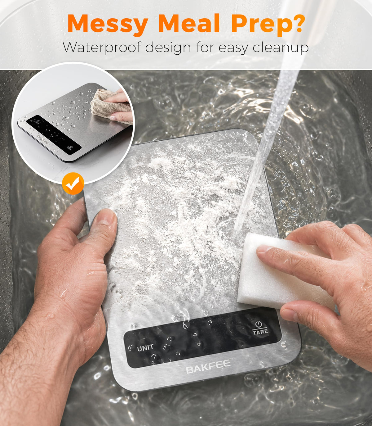 BakFee Waterproof Food Scale, 22lb Kitchen Scale, IP67, Rechargeable, Grey