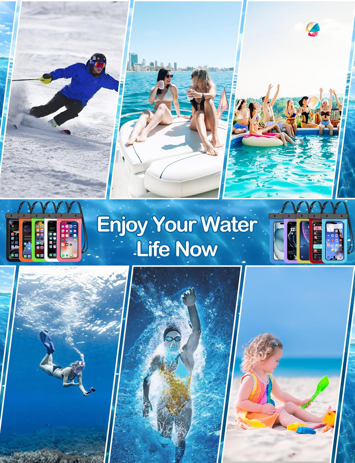 Famoby 5 Pack Multicolor Waterproof Phone Pouch, Cell Phone Case Dry Bag,Protection Level: IP68,Beach Cruise for iPhone,Samsung,and More,Lanyard Included,(Fits Up to 8.3"),Black,Blue,Pink,Orange,Green
