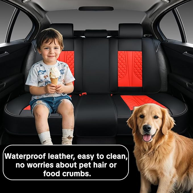 Red Car Seat Covers Full Set – Luxury Waterproof Leather Auto Seat Protector with Airbag Compatible Design, Breathable Non-Slip Cushion, Easy Installation, Fits Most Cars