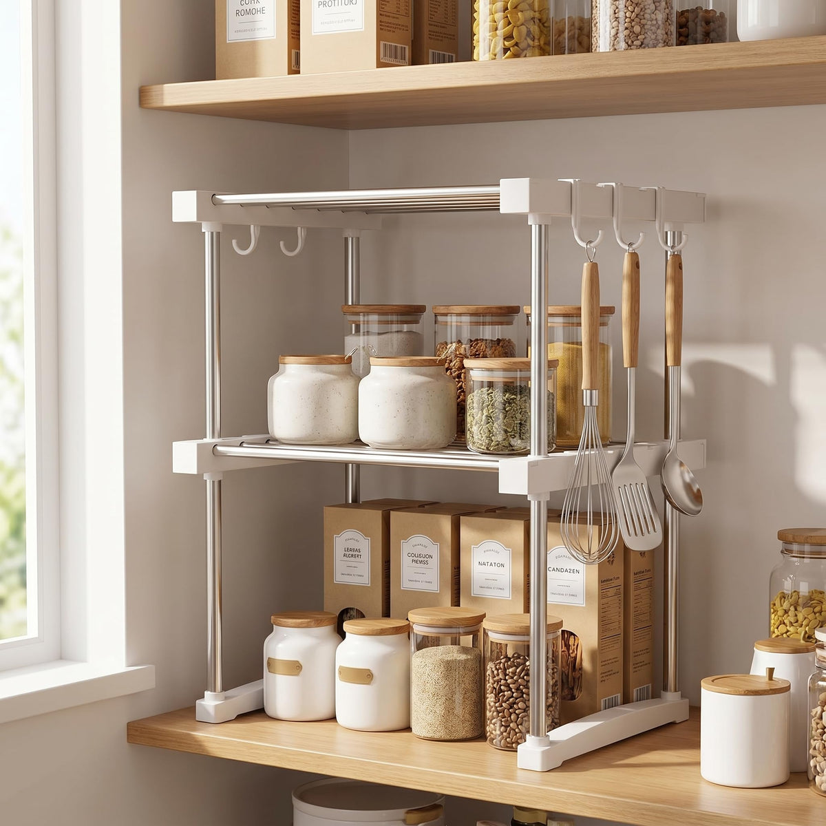 BLULEE Expandable Under Sink Organizer, No-Drill Adjustable Shelf