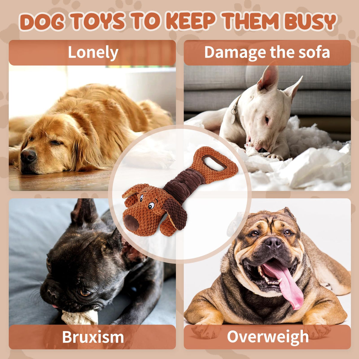Interactive Tug of War Puppy Toy Squeaky Chew Toys Plush with Crinkle Paper