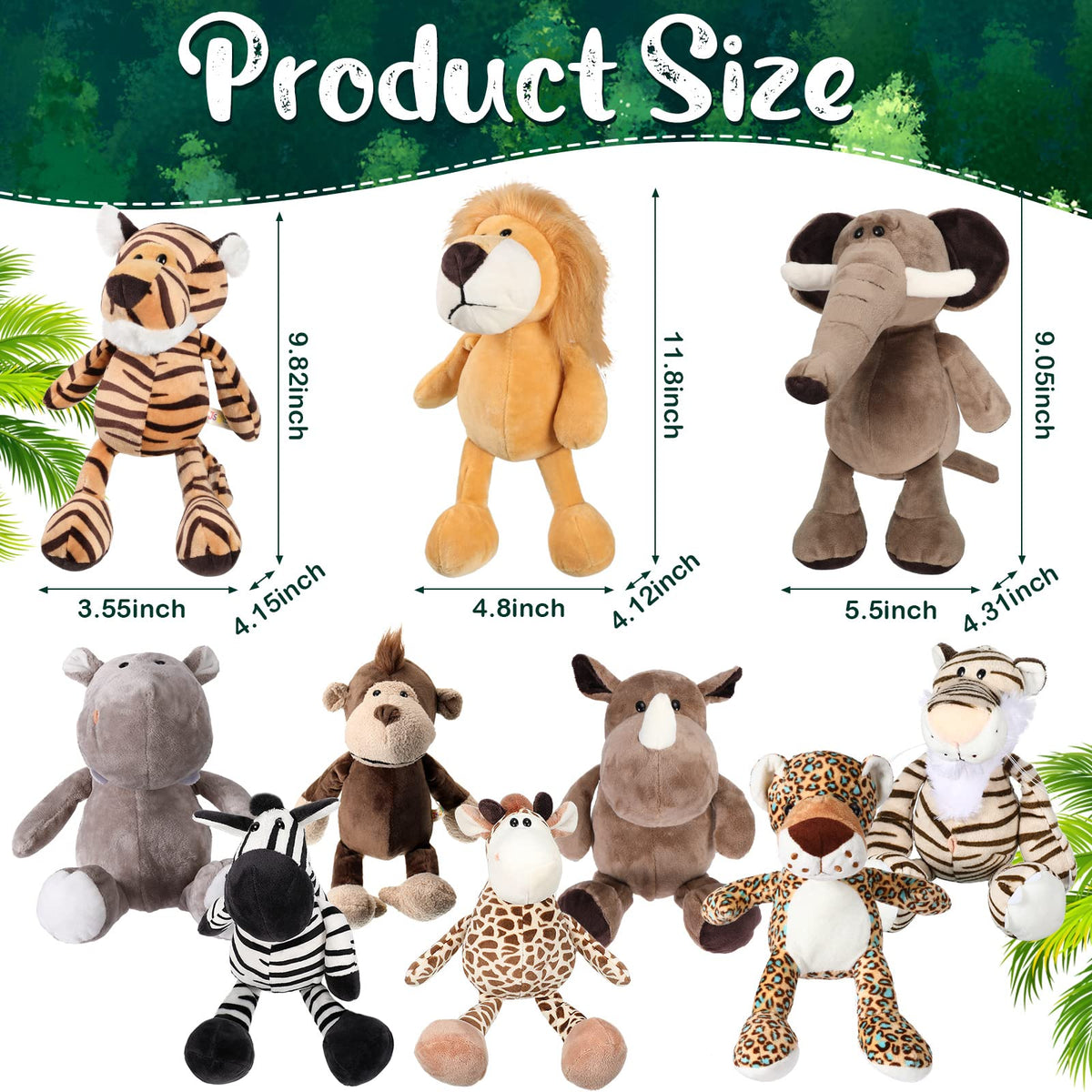 HyDren 9 in Safari Animals Plush Stuffed Zoo Toys Bulk, Classic