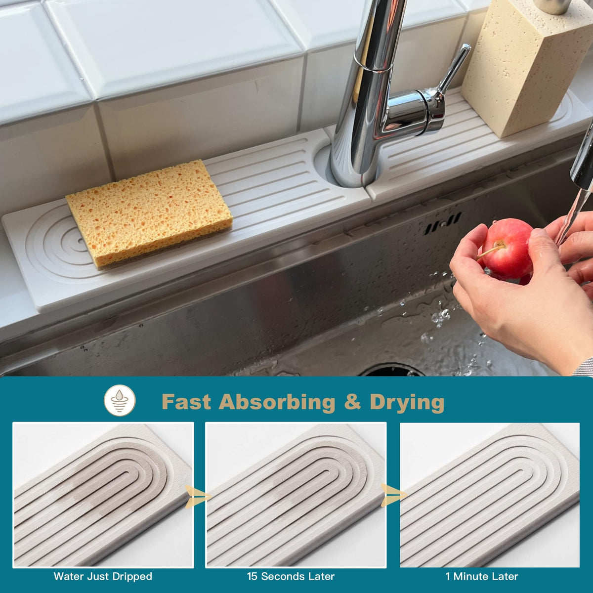 Faucet Mat for Kitchen Sink, Stone Drying Mat for Kitchen Counter, Stone Mat Bathroom, Kitchen Mat, Sink Mat, Water Absorbing Stone Tray for Sink, Bathroom Stone Mat (WHITE, 23.6*4")