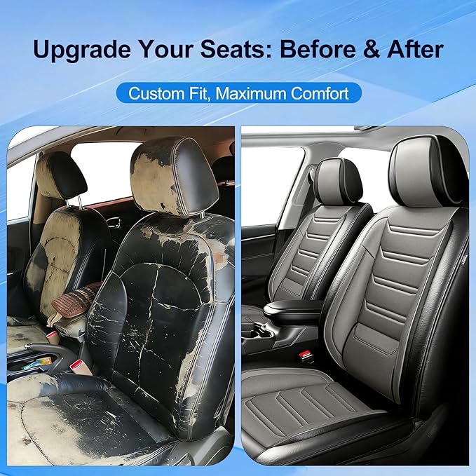 Car Seat Covers for Select Honda Fit 2007-2020, Premium Full Coverage Leather, Airbag Compatible& Scratch-Resistant, Waterproof & All Weather Breathable Seat Protector, Front Pair Black+Gray