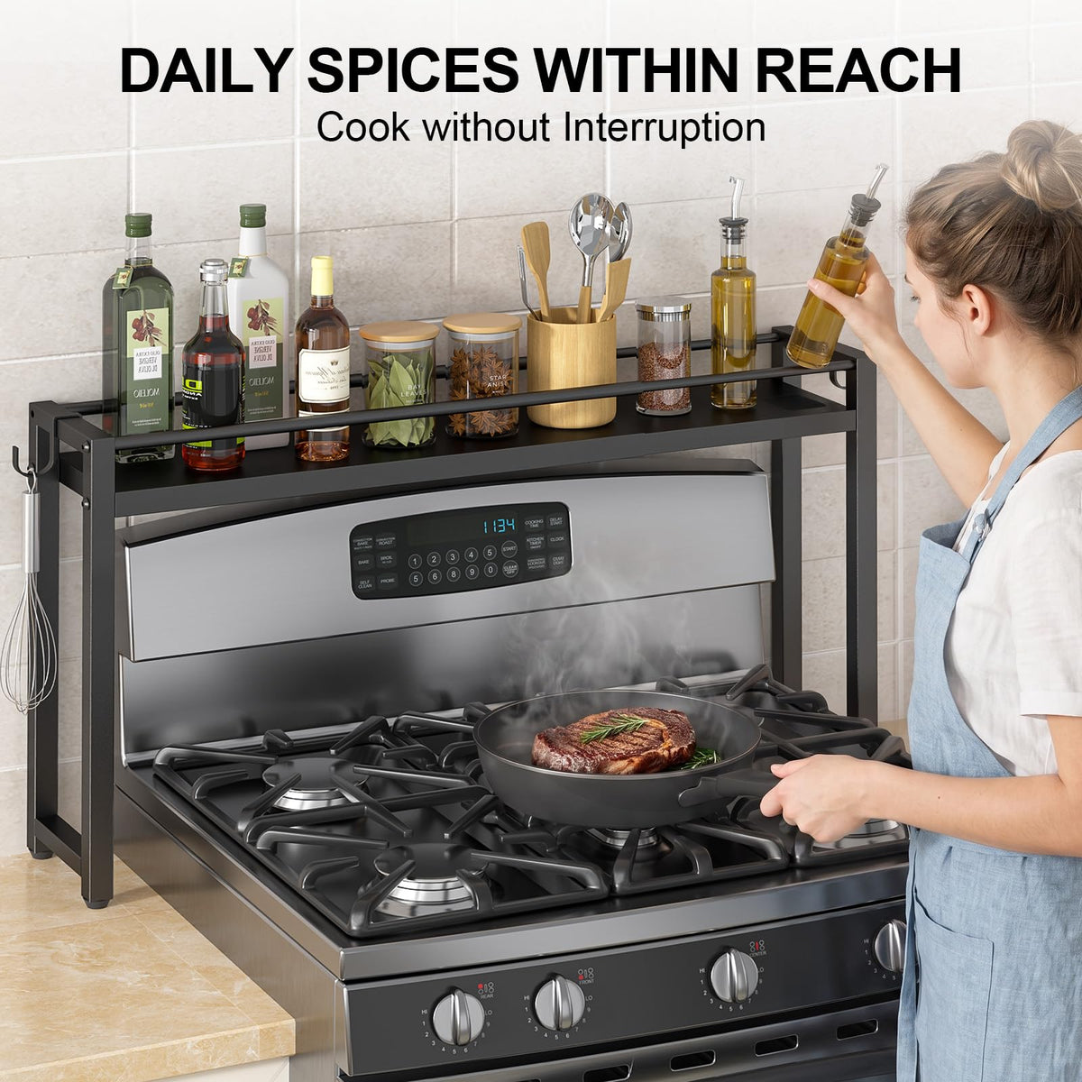 ThreeHio Expandable Spice Rack Shelf for Kitchen Stove, Over the Stove Shelf with 2 Hooks, Adjustable Height Metal Stove Top Shelf Organizer, Kitchen Countertop Seasoning Storage Organization, Black