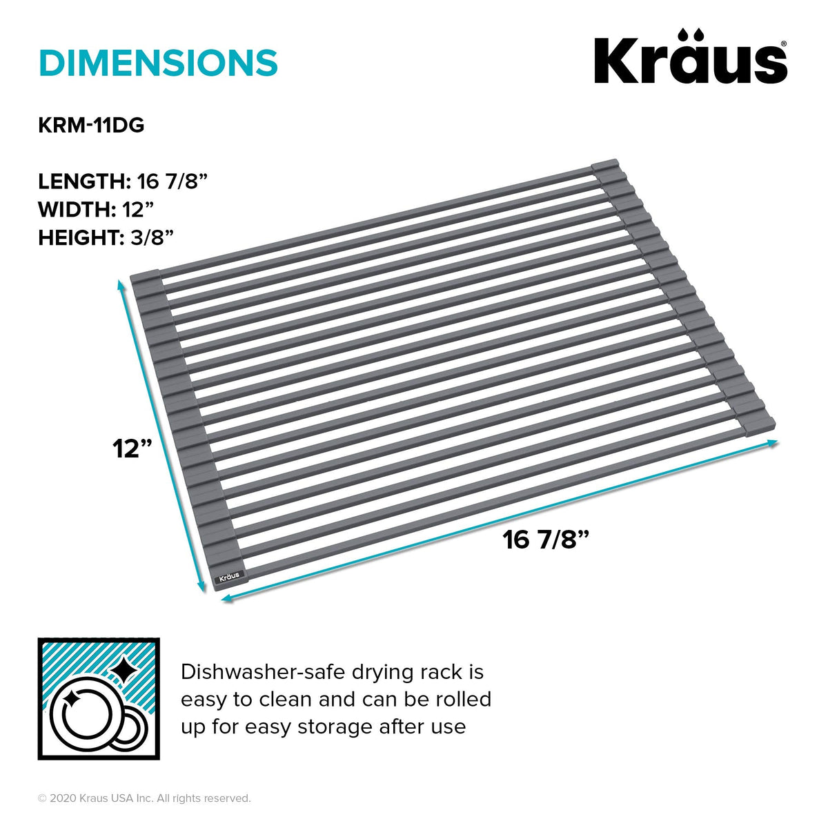 Kraus Multipurpose Workstation Sink Roll-Up Dish Drying Rack, Colander and Trivet in Dark Grey, KRM-11DG