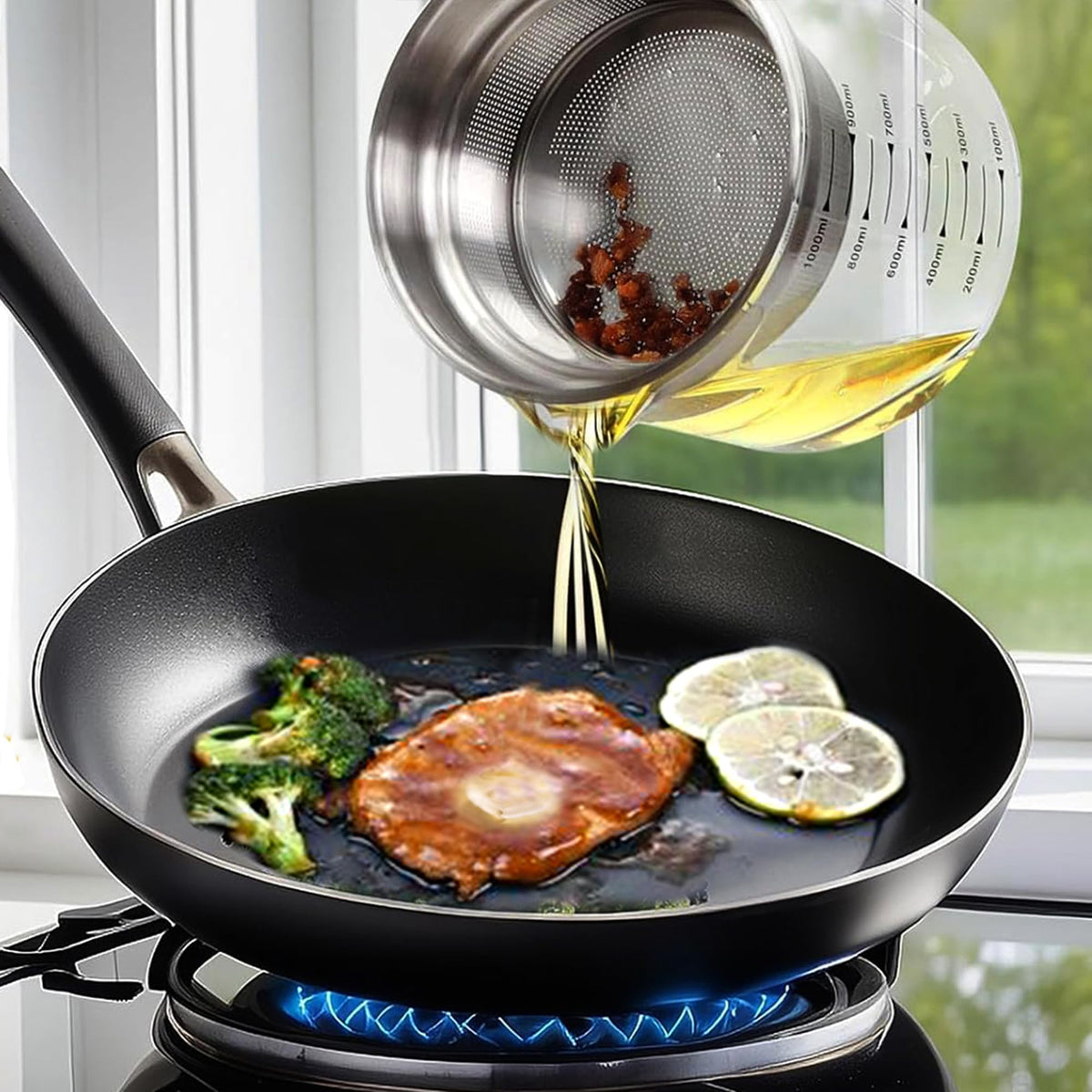 Abdodar 50oz Glass Oil Strainer Container with Fine Mesh Strainer (1.5L)