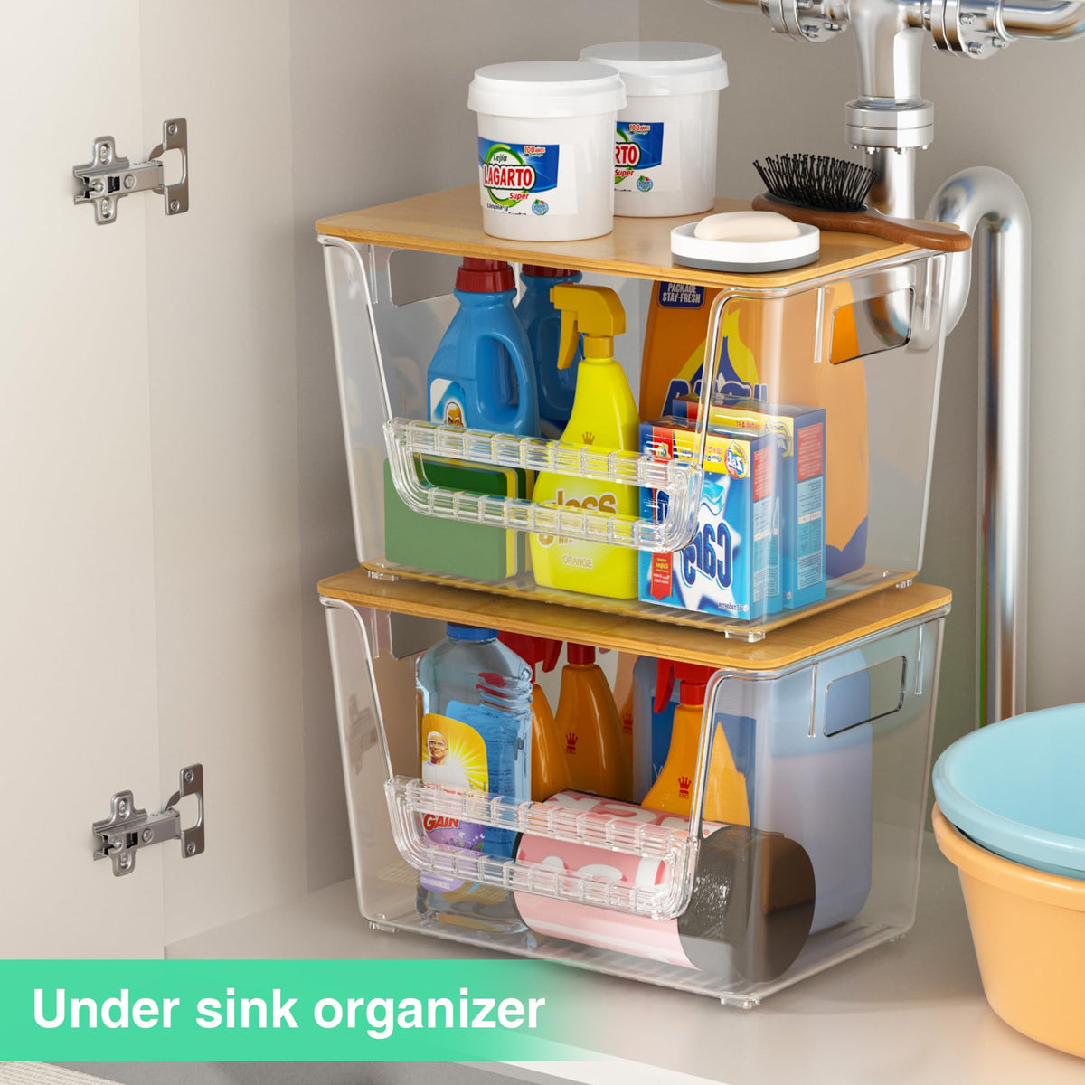 Wrrlors 2 Pack Pantry Organizers,Clear Onion Storage Bins with Bamboo Lids