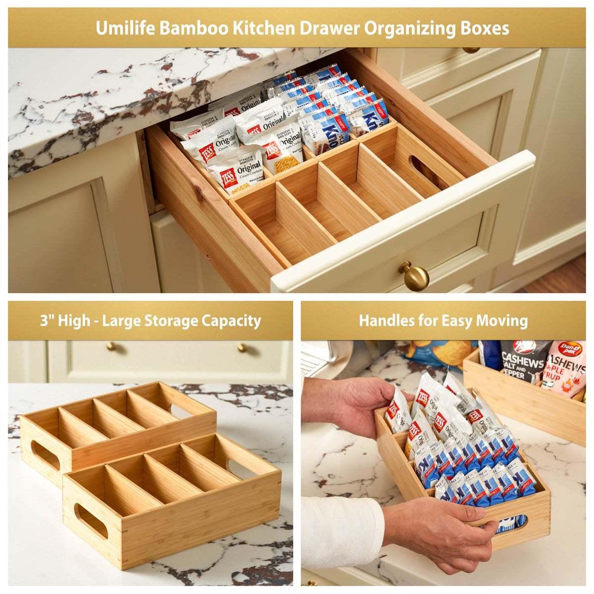 Umilife Large Bamboo Pantry Organizers and Storage Bins with Removable Dividers, Kitchen Drawer Cabinet Countertop Organization for Snack, Spice Packets, Teabags, Seasoning Pouches (2 Pack)