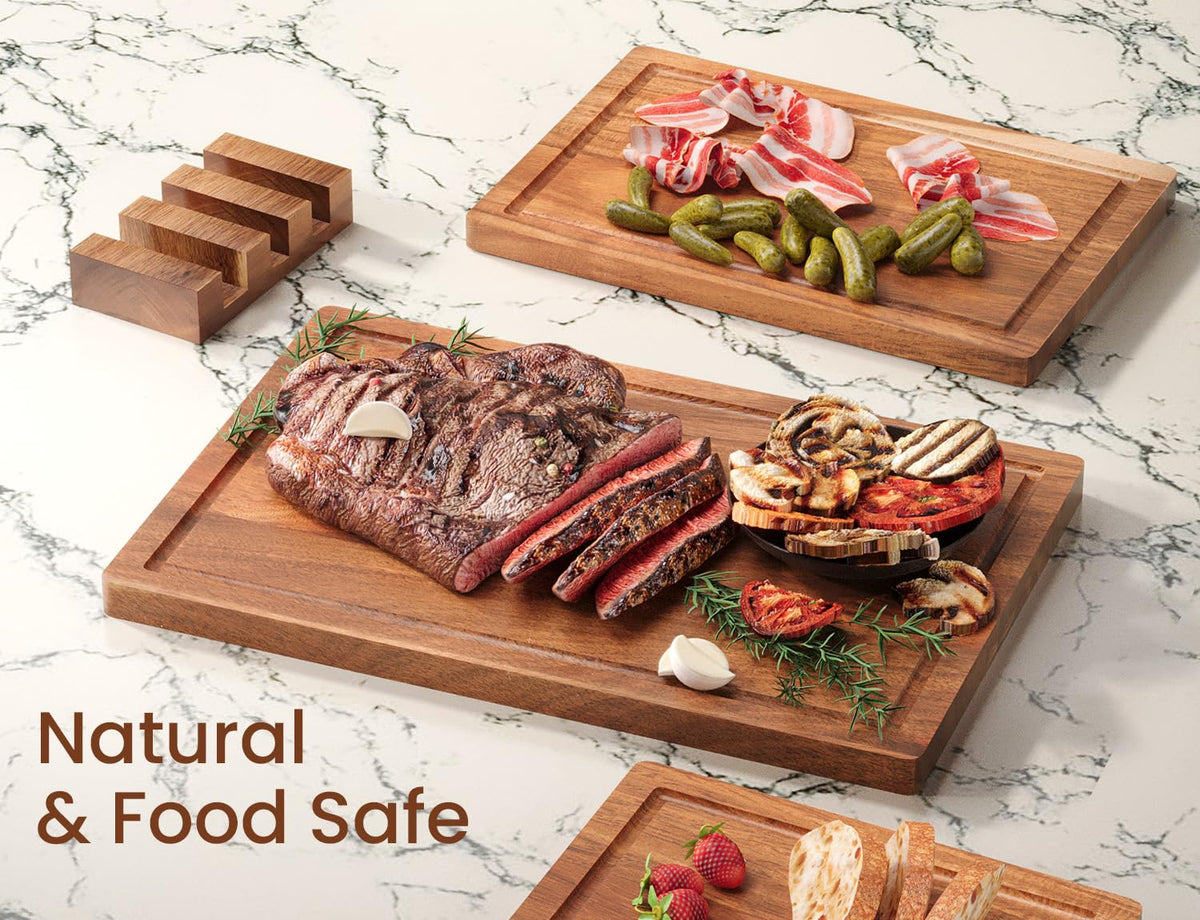 Danfoxer Set of 3 Acacia Wood Cutting Board Set with Stand Holder