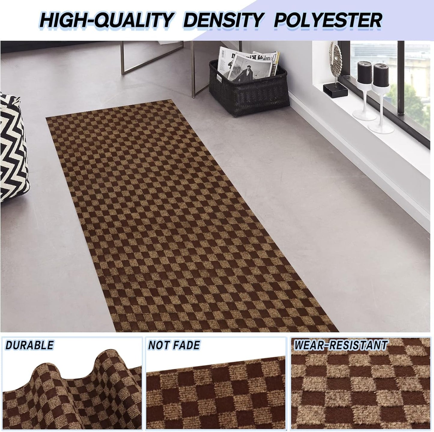 Custom Size Backed Non-Slip Area Rugs Runner, Easy Clean, Waterproof Runner Rugs for Hallway Entryway, Kitchen, Laundry, 2FT x 49FT, Brown Checkered
