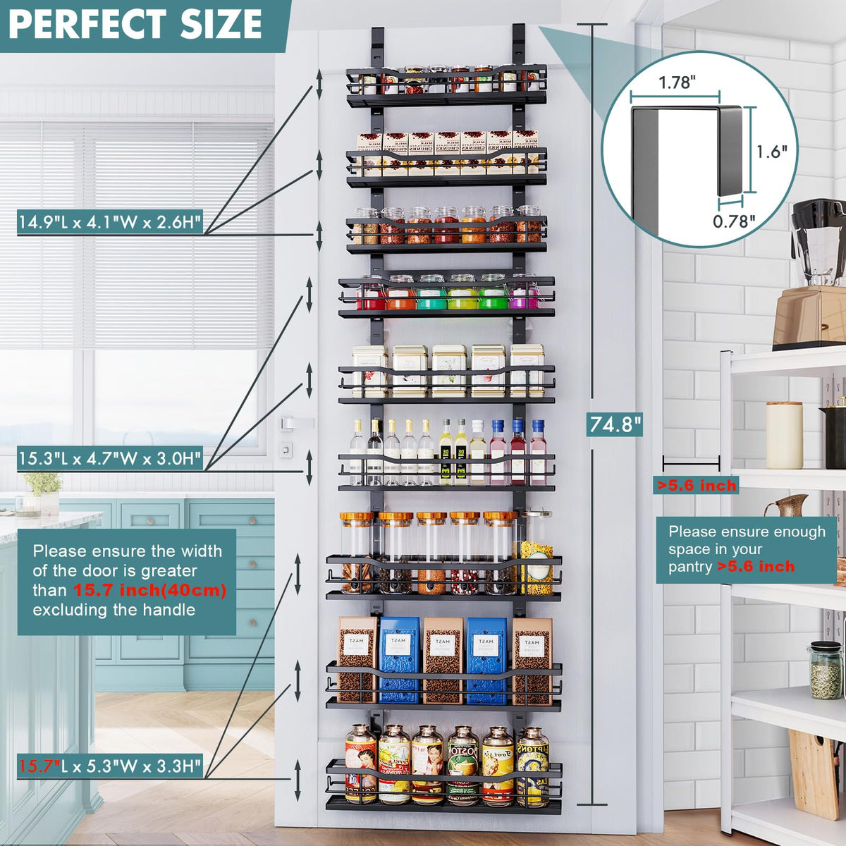 Eastherry Over The Door Pantry Organizer，9-Tier Over The Door Organizer with Adjustable Basket，Metal Hanging Pantry Organizers and Storage for Kitchen, Back of Door Seasoning Rack (Black)