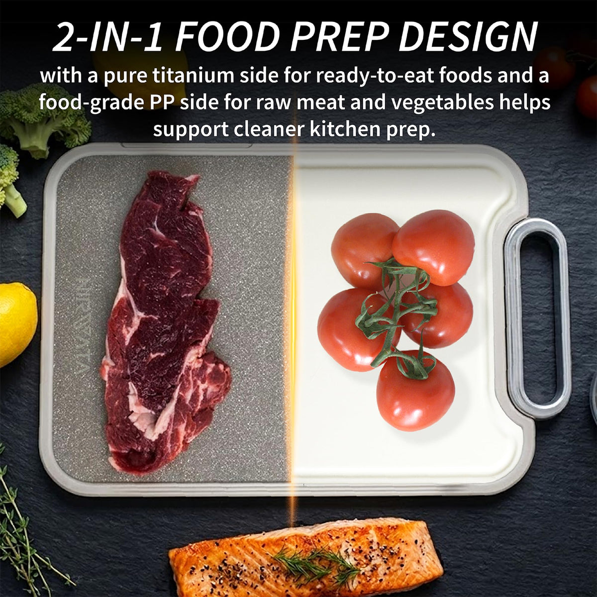 NIRVATA Titanium Cutting Boards for Kitchen - Metal Cutting Board with Chef Knife, 2-in-1 Pure Titanium & Food Grade PP, Meat Chopping Board, Large Cutting Board, 16” × 11” (Titanium)