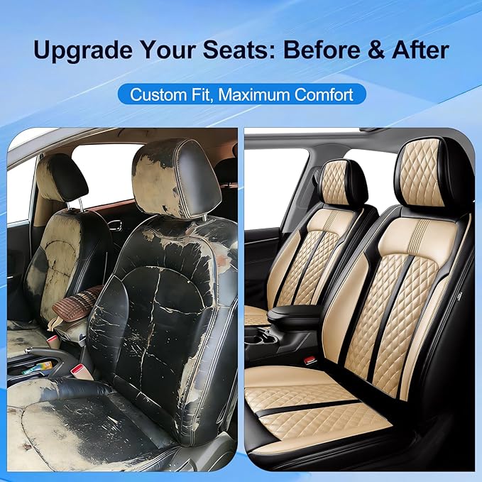 Fit Ridgeline Car Seat Covers for Select Honda Ridgeline 2007-2026 - Premium Full Coverage Leather, Airbag Compatible, Waterproof & All Weather Seat Cushion Protector, Full Set, Black+Beige